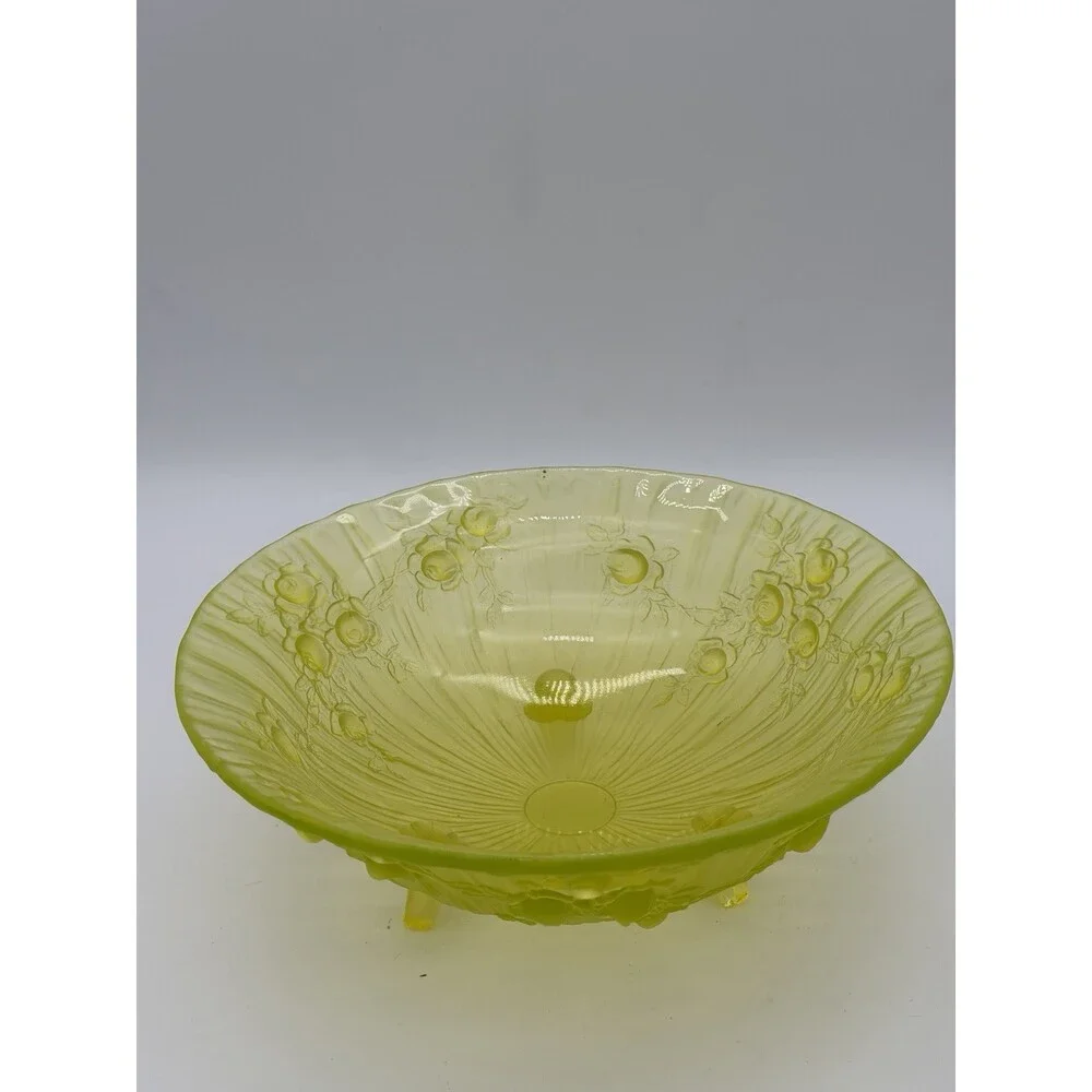 Tiffin Art Glass Vaseline Uranium Satin Roses Bowl 1920 MCM Round Green See Pics